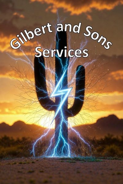 Gilbert and Sons Services logo: a saguaro cactus struck by lightning against an Arizona sunset